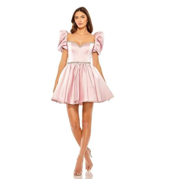 FLAWED - NWT Mac Duggal Beaded Top Puff Sleeve Dress Sweetheart 4 Blush #8122 - Picture 1 of 11